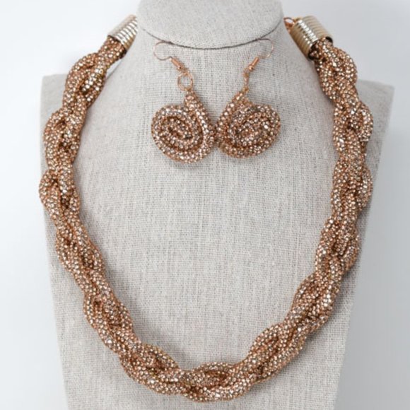 Champagne Braided Pave Rhinestone & Earring Set - Picture 3 of 12